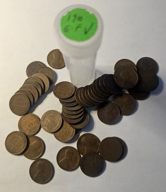 1910 Lincoln Wheat Penny Roll 50 Coins Avg Circ Copper  (WE COMBINE SHIPPING)