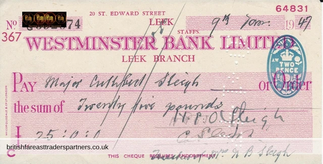 Vintage 1947 Westminster Bank Limited Leek Staffordshire Cheque