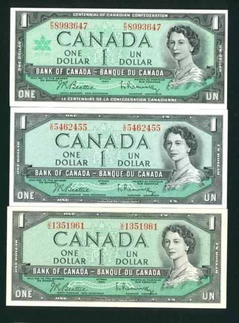 (( THREE NOTES )) $1 1967 ((UNCIRCULATED)) Bank of Canada Centennial PAPER MONEY