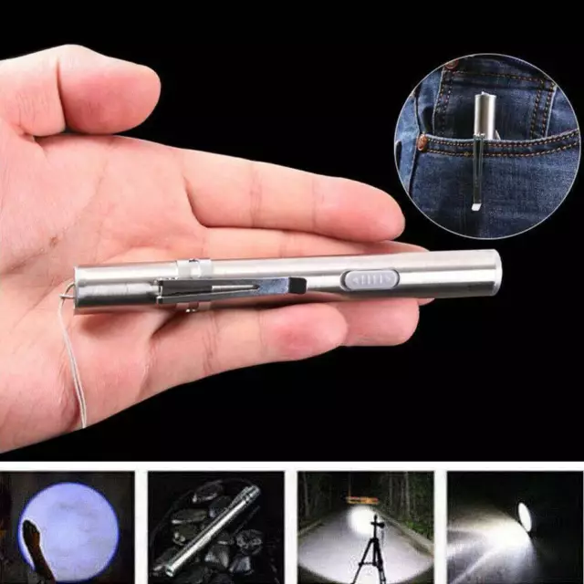 USB Rechargeable Mini Tactical Flashlight Stainless Steel Torch Pen LED Light