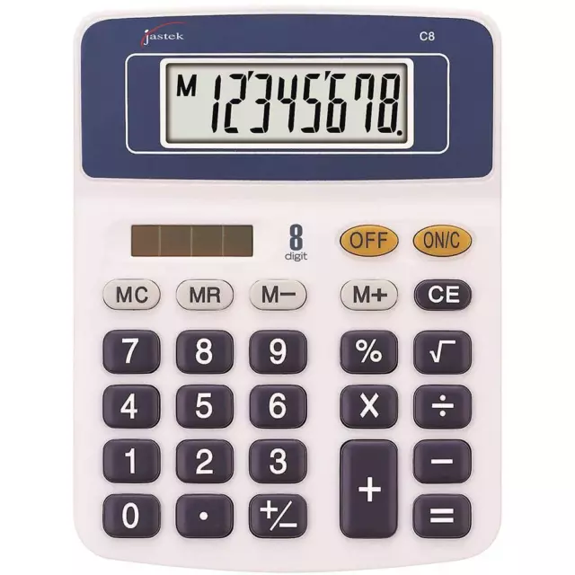 NEW Jastek Compact Calculator Blue Solar Battery Powered 8 Digit