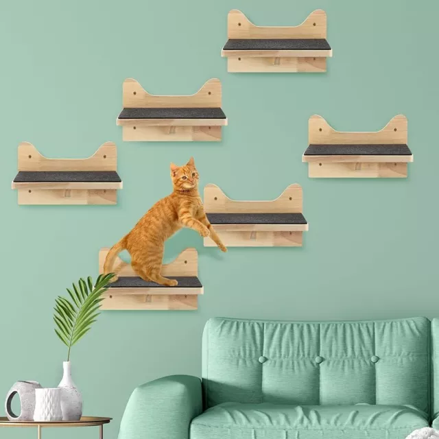 Set of 6 Cat Wall Steps Shelf Shelves Wood Cat Climbing Shelves Cat Wall Bed