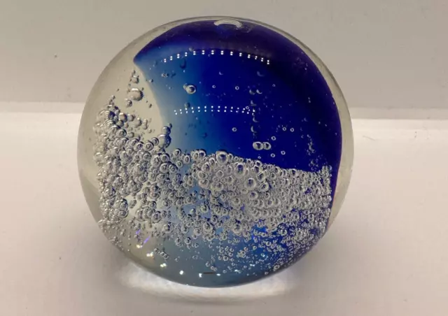 VTG Murano Style Cobalt Blue Crystal Sphere Bubbles Paperweight Hand Blown 3.5"