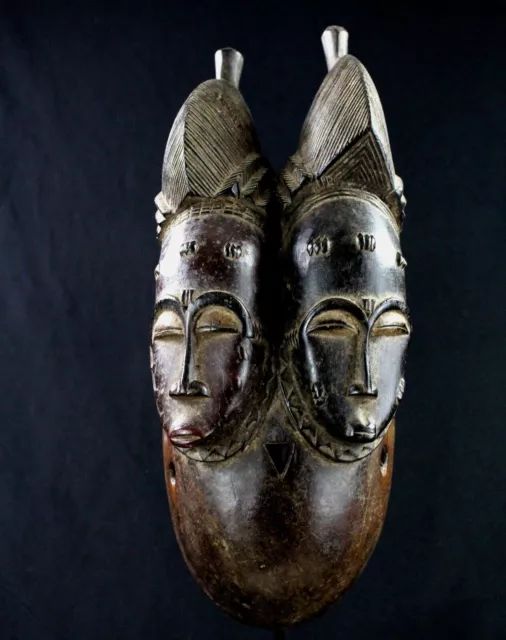 Art African tribal - Mask Baoulé Billiards Ball Double Face - Wood Painted - 36
