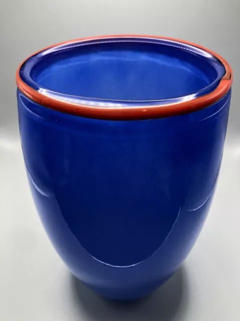 Studio Art Glass Vase in Marinque Blue with a striking Red Rim 7.5"