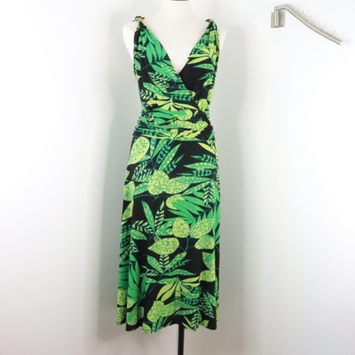 New AA Studio Women's 18W Tropical Palm Green/Black Print Polyester V-Neck Dress