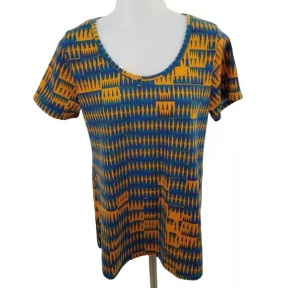 Lularoe classic t tee shirt women S yellow blue patterned geometric short sleeve