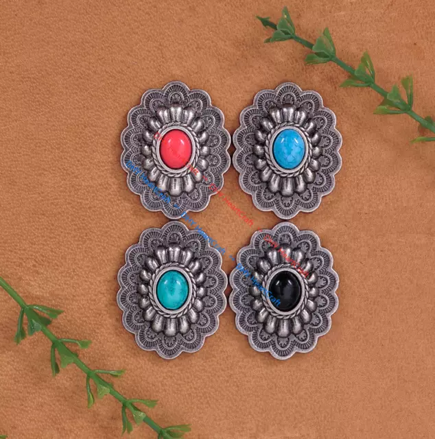 10x Antique Silver Beauty Oval Flower Turquoise Leathercraft CONCHOS Rivet Back