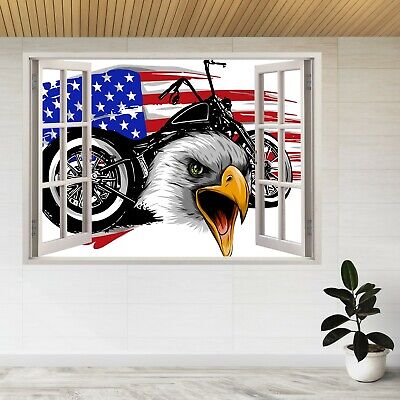 MOTO con Aquila & Bandiera degli Stati Uniti 3d Vista Finestra Wall Sticker Poster Decalcomania A287