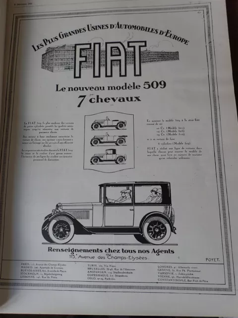 FIAT 509 7 CV automobile  publicité papier ILLUSTRATION NOEL 1925 col