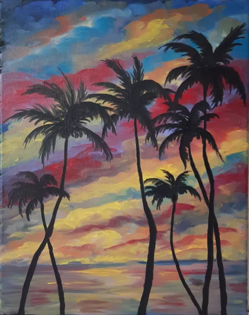 Palm Tree Peinture Rainbow Sunset Original Art Hawaii Beach Oil Artwork 16 by12