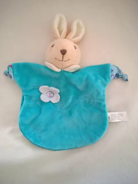 DOUDOU MARIONNETTE LAPIN BEIGE BLEU / VERT FLEUR BLANC sidj