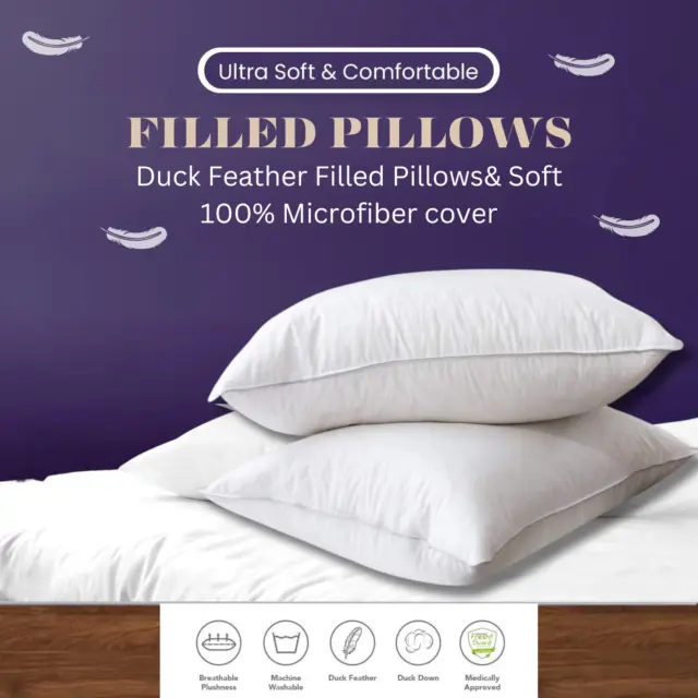 100% DUCK FEATHER & DOWN PILLOWS Extra Filled Soft Hotel Quality Pillow Pairs