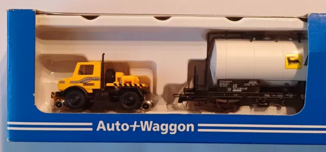 Selten Roco H0 Auto +Waggon Unimog Zweiweg gelb mit Kesselwagen"Agip"ungeöffnet
