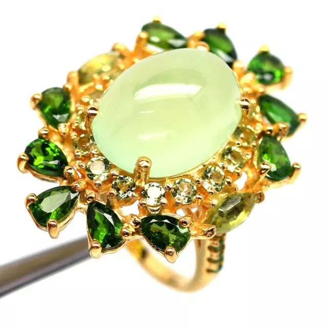 11 x 15 Mm. Verde Prefnita, Cromo Diópsido & Peridoto Anillo 925 Plata de Ley