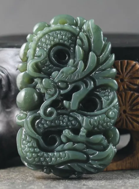 Chinese Natural Hetian Jade Hand Carved Vintage Dragon Pendant Statue Necklace