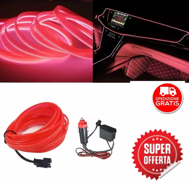 Striscia Interni Luce Auto Fibra Ottica 12V Decorazione Filo 5Mt Rosso