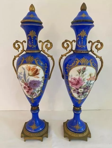 Stamped Antique Pair of French Blue Porcelain Floral Hand Painted Urn Vase