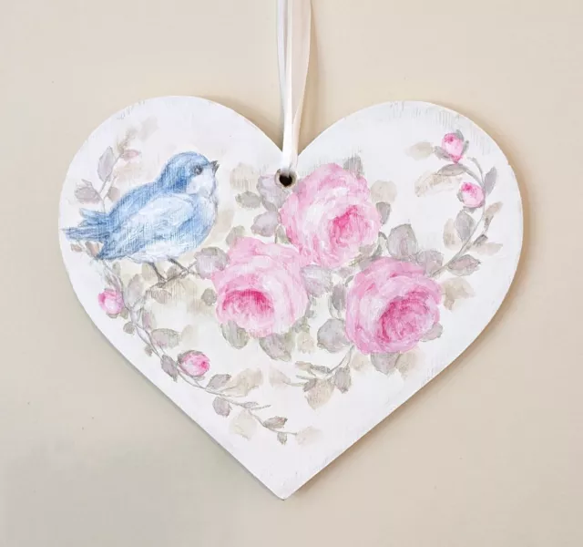 SPRING BLUEBIRD ROSES heart shabby chic hp vintage Hand Painted cottage pink new