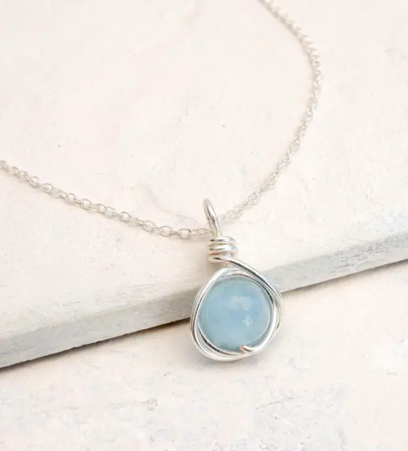 Aquamarine Gemstone Necklace Handmade Sterling Silver March Birthstone Gift Box