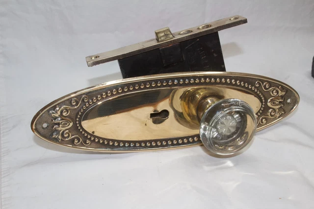 Vintage Glass Door Knobs Brass Setback Plates And Mortise Lock Set. No key
