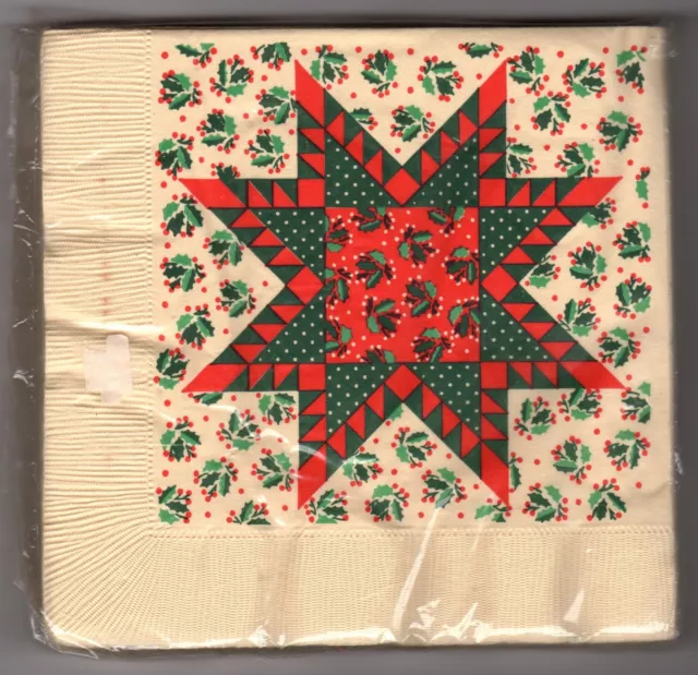 Vintage Quilt Star Pattern Paper Christmas Napkins, 18 Ct Luncheon Retro Holiday
