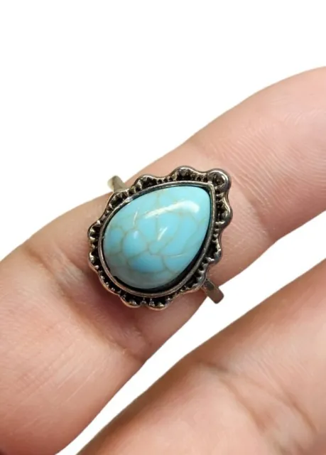 Turquoise tear drop, ring, silver, Size 6, NEW
