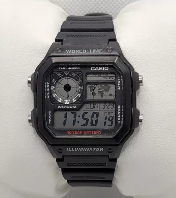 Mens Casio Illuminator 3299 World Time Black Resin Digital Watch AE-1200 H5