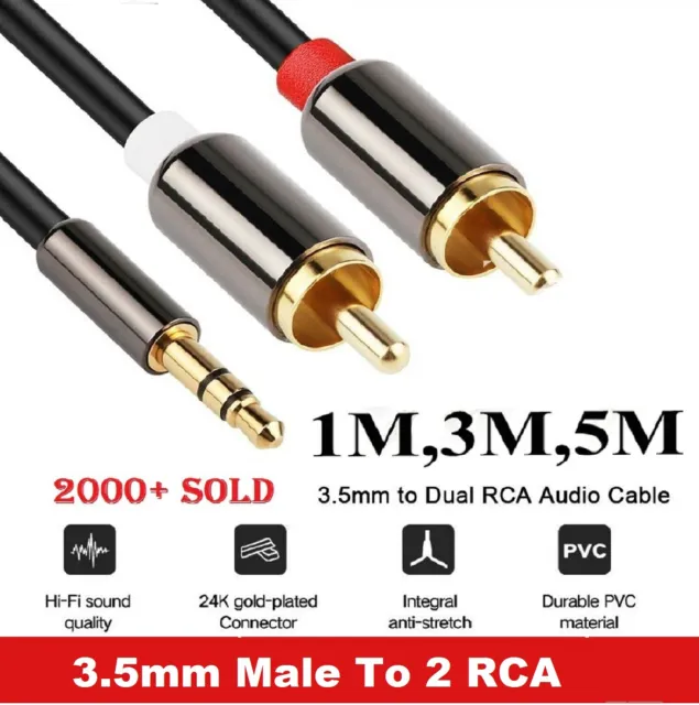 3.5mm Male To 2 RCA M/M Y Cable Aux Jack Premium Gold Plated DVD TV Audio Stereo