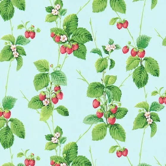 SANDERSON CURTAIN FABRIC DESIGN "Summer Strawberries" 1 METRE STRAWBERRY/SKY
