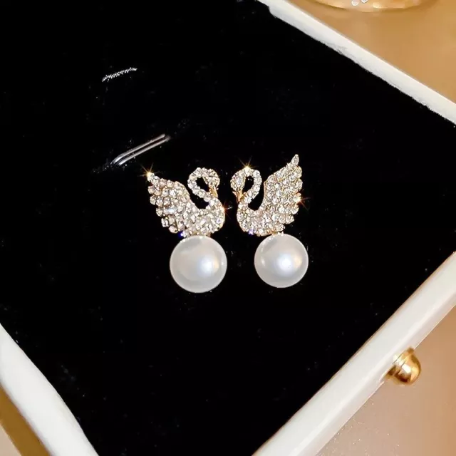 14k gold plated swarovski style swan and pearl stud earrings Women Holiday Gift