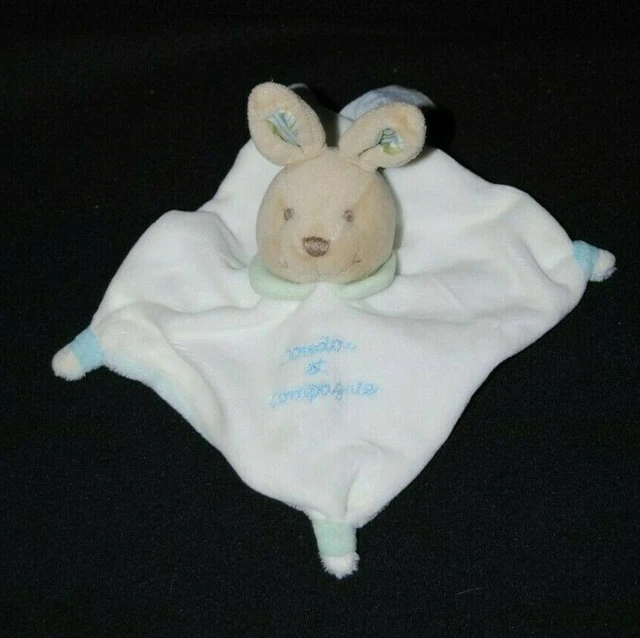 Peluche mini lapin plat blanc vert bleu DOUDOU ET COMPAGNIE 15 x 15 cm TTBE