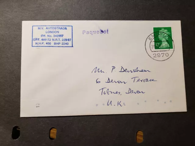 British Ship MV AUTOSTRADA Naval Cover 1986 PAQUEBOT EMDEN, Germany