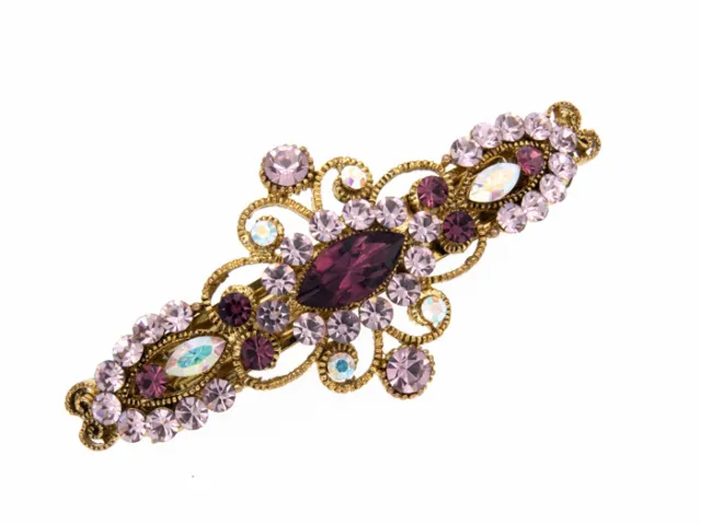 Flower Hair French Metal Barrette Clasp Clip Austrian Crystal Rhinestone Purple