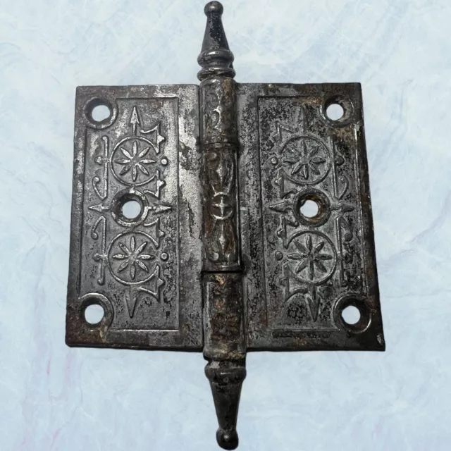Antique Ornate Steeple Tipped Cast Iron Victorian Eastlake Hinge 3.5” X 4”