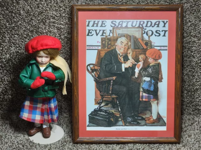 Artist Norman Rockwell "Doctor and Doll" Wall Art Print in Wooden Frame W/ doll