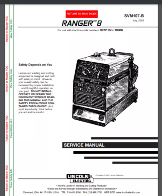 Lincoln RANGER 8 Welder Service manual 9972 thru 10886116 pages 2002 SVM107-B
