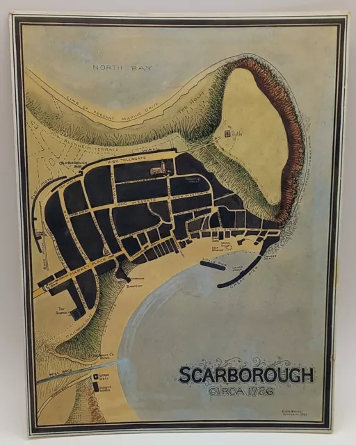 Vintage Original Drawn Coloured Map Scarborough c1726 Signed E.W.E Bailey 1945