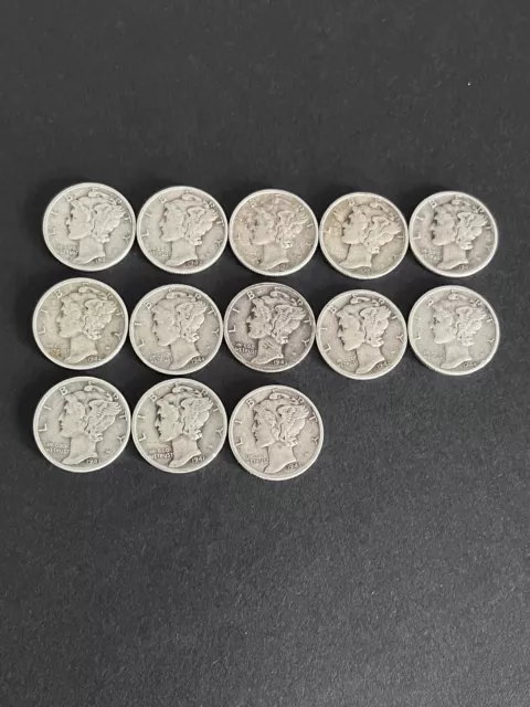 Mercury Silver Dimes Lot Of 13 Various Years