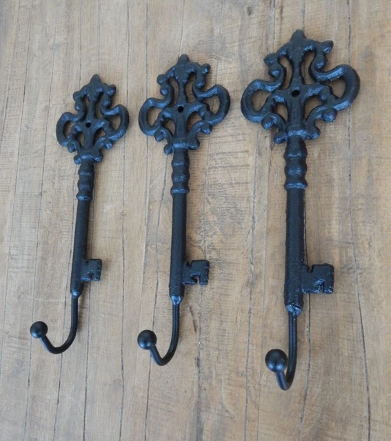 3 Cast iron Key Shape Coat Hooks Vintage Rustic Style Black Wall mounted