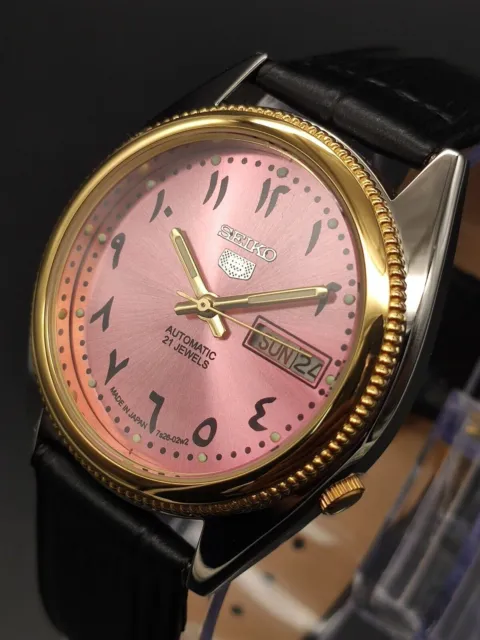 Seiko 5 Automatic Men's Wrist Watch Day Date Luminous Pink Dial Arabic