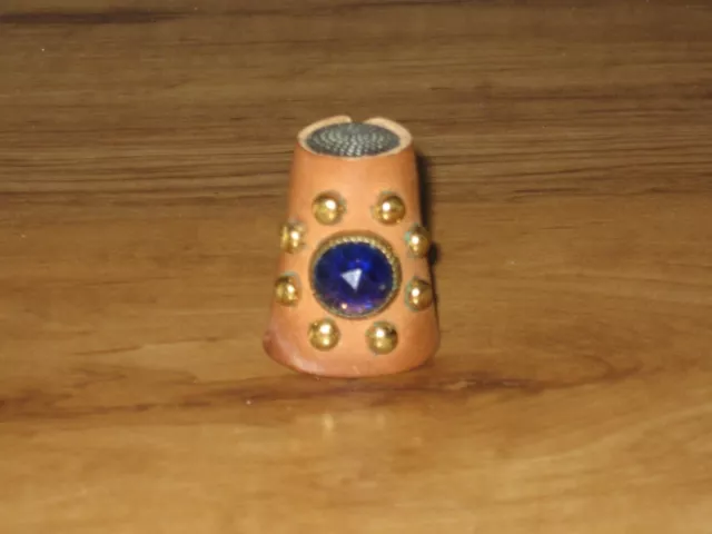 Vintage Leather Thimble Holder With Blue Stone