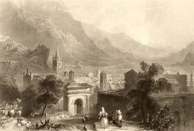 PIEDMONT/PIEMONTE. View of Susa. Town view. Church. BARTLETT 1838 old print