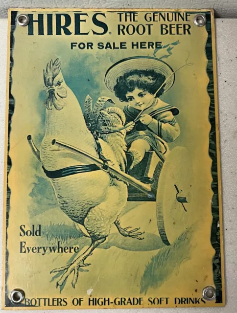 Hires Root Beer Metal Advertising Sign Victorian Child Chicken Rooster 7” VFR27D