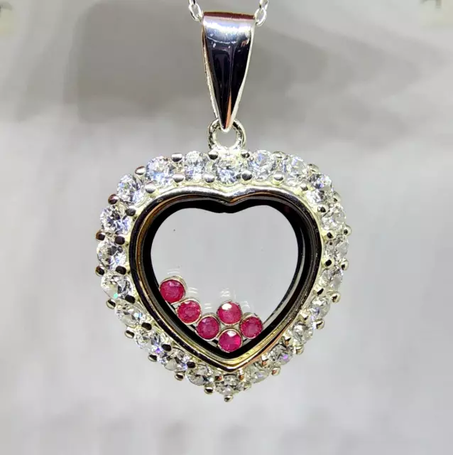 Sterling Silver Floating Heart Window Ruby Stones Crystal Accent 18" Necklace