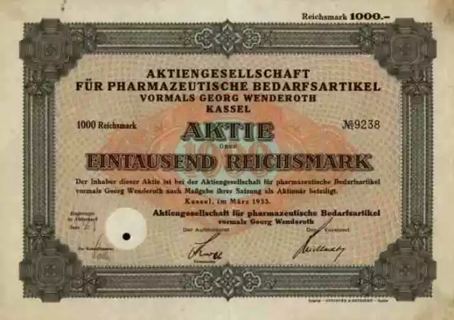 Pharmazeutische Bedarfsartikel Georg Wenderoth 1933 Kassel Hessen Münden 1000 RM