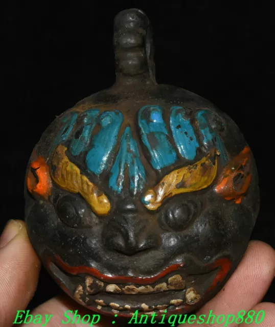 3.1'' Old Tibet Buddhism Bronze Painting Beast Face Exorcism Bell Pendant