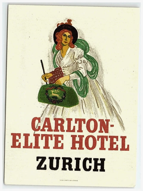 1950s Carlton Elite Hotel Zurich Switzerland Luggage Label Original