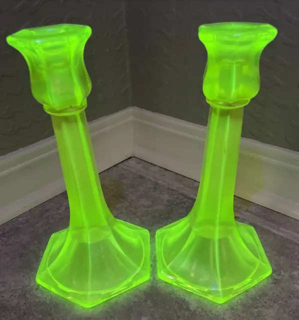 A Pair Of Northwood  #657 Vaseline Iridescent Glass Single Candle Holder Topaz