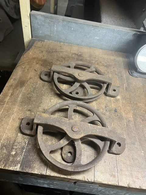 Antique Old Primitive Cast Iron Barn Door Rollers Pulleys Hangers Pair Set USA
